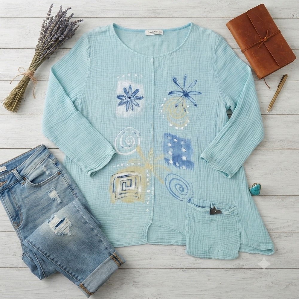 Jess & Jane Light Blue Cotton Crinkle Gauze Tunic Top Abstract Art Small